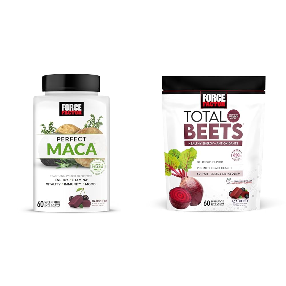 Force Factor Maca & Beet Soft Chews Bundle with 60 Maca Chews and 60 Beet Chews for Energy, Stamina and Heart Health
