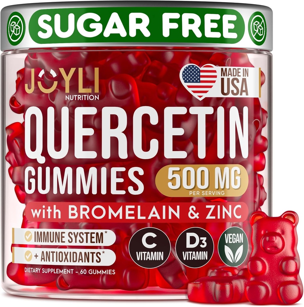 JOYLI Quercetin Gummies - Quercetin με Bromelain Zinc Vitamin C & Vitamin D3 - Quercetin Συμπλήρωμα 500MG για ανοσοποιητικό σύστημα & Αλλεργία - Quercetin για παιδιά και ενήλικες - 60 Quercetin Chewable