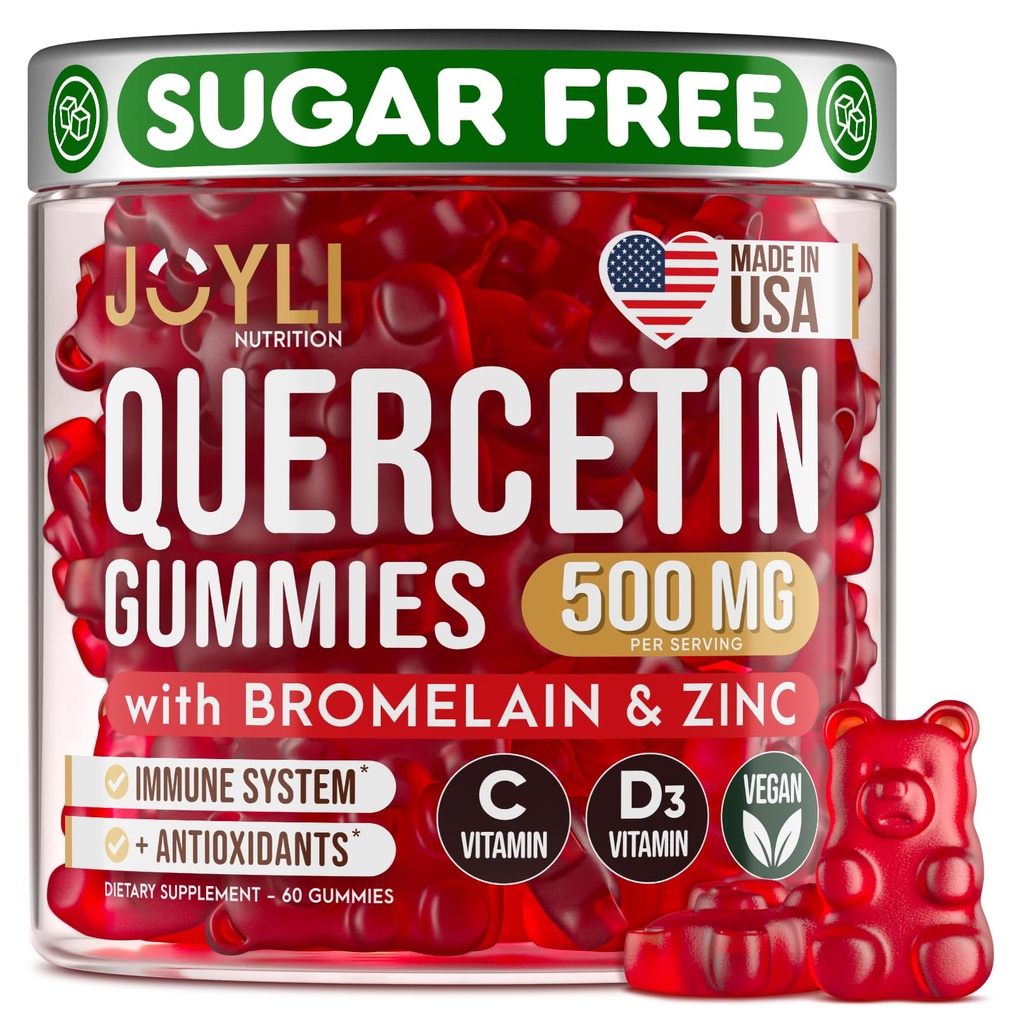 JOYLI Quercetin Gummies - Quercetin με Bromelain Zinc Vitamin C & Vitamin D3 - Quercetin Συμπλήρωμα 500MG για ανοσοποιητικό σύστημα & Αλλεργία - Quercetin για παιδιά και ενήλικες - 60 Quercetin Chewable