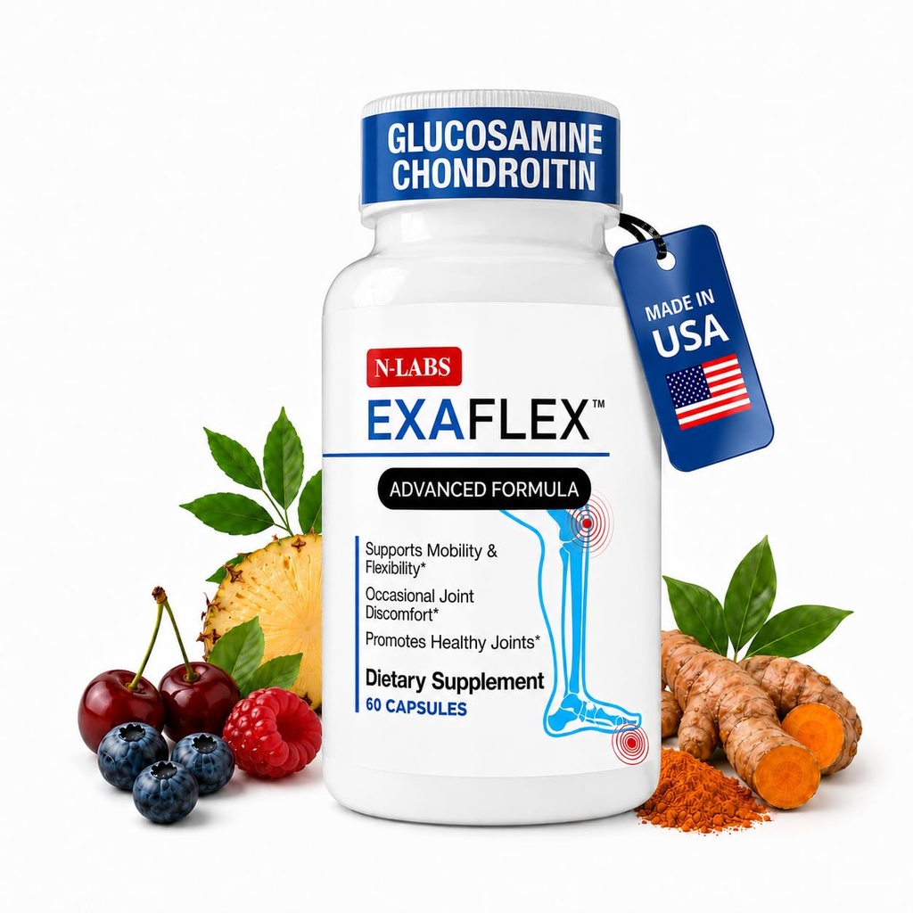 N-Labs ExaFlex Glucosamine Chondroitin MSM, Bromelain Κάψουλες - Κοινές Συμπληρώματα για άνδρες και γυναίκες με εκχύλισμα Boswellia, Turmeric και Quercetin - Υποστηρίζει Κοινή Υγεία - Κατασκευάζεται στις ΗΠΑ - 60 κάψουλες