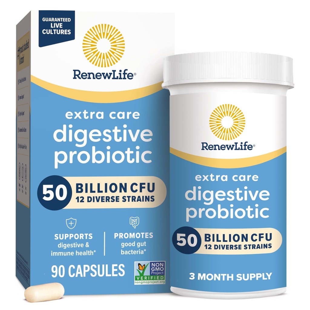 Renew Life Extra Care Digestive Probiotic Capsles, 50 δισεκατομμύρια CFU Εγγυημένα, ημερήσιο συμπλήρωμα υποστηρίζει ανοσοποιητικό, Digestive, αναπνευστική υγεία(1), L. Rhamnosus GG, γαλακτοκομικά, σόγια και χωρίς γλουτένη, 90 Count