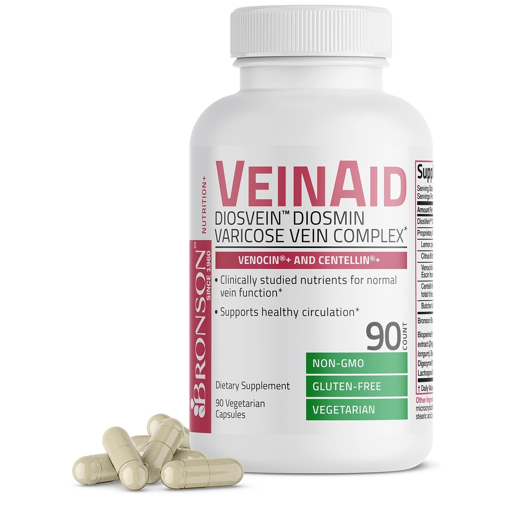 Bronson VeinAid Diosmin 1000mg DiosVein Varicose Vein Complex με Venocin & Centellin, 90 κάψουλες χορτοφάγων