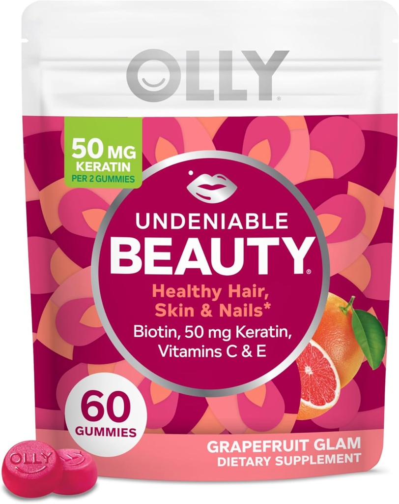 OLLY Undesiable Gummy ομορφιάς, για τα μαλλιά, δέρμα, νύχια, βιοτίνη, βιταμίνη C, κερατίνη, Chewable συμπλήρωμα, Grapefruit, 30 ημέρα προσφοράς - 60 Count