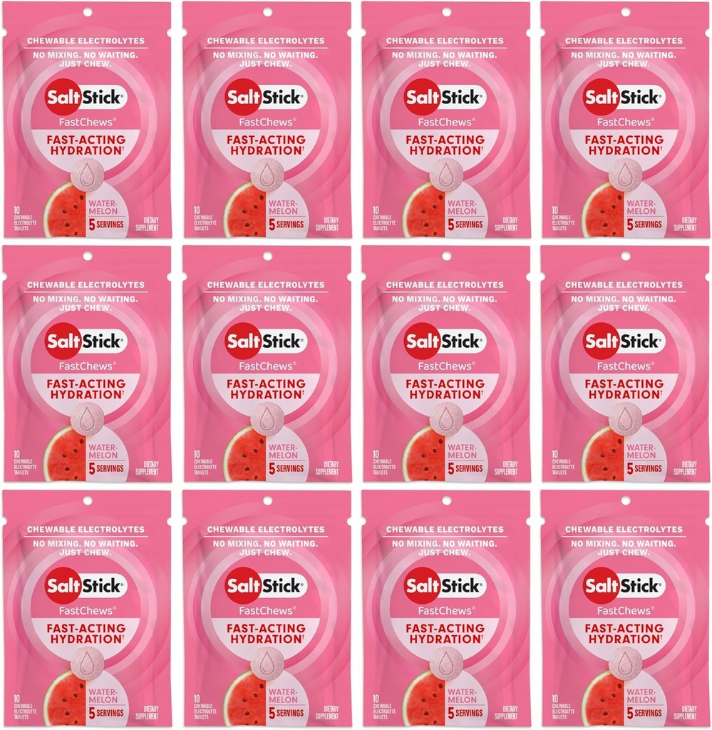 SaltStick Electrolyte FastChews - 120 Watermelon Resealable Chewable Electrolyte Tablets for Hydration, Salt Tablets for Running - 120 Tablets