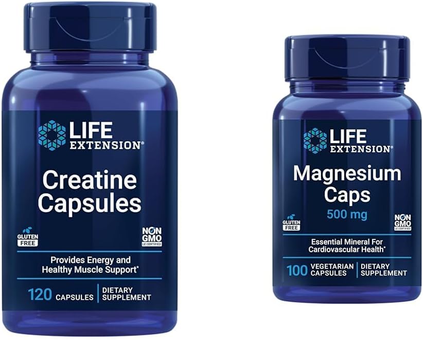 Επέκταση ζωής Κάψουλες Creatine 120 Count & Magnesium Caps 500mg 100 Count - μυϊκή δύναμη, υγεία της καρδιάς
