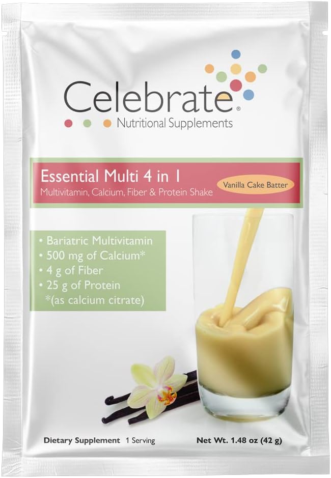 Celebrate Vitamins 4-in-1 Bariatric Multivitamin with Calcium Citrate Protein Shake, 500mg Calcium, for Post Bariatric Surgery, Vanilla Cake Batter, 15 Single Serve Packets