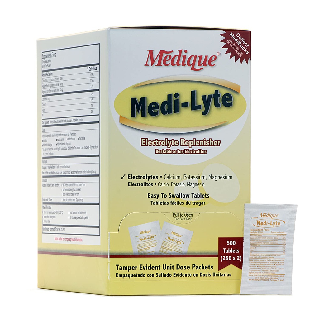 Medique Medi-Lyte Electrolyte Replenisher, γρήγορη ανακούφιση από τη θερμότητα, το άγχος, τη κόπωση, και μυϊκές κρέμες, εύκολο να καταπιούν δισκία, 500 δισκία (250 x 2)