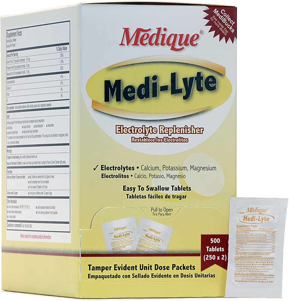 Medique Medi-Lyte Electrolyte Replenisher, Fast Relief from Heat, Stress, Fatigue, and Muscle Cramping, Easy to Swallow Tablets, 500 Tablets (250 x 2)