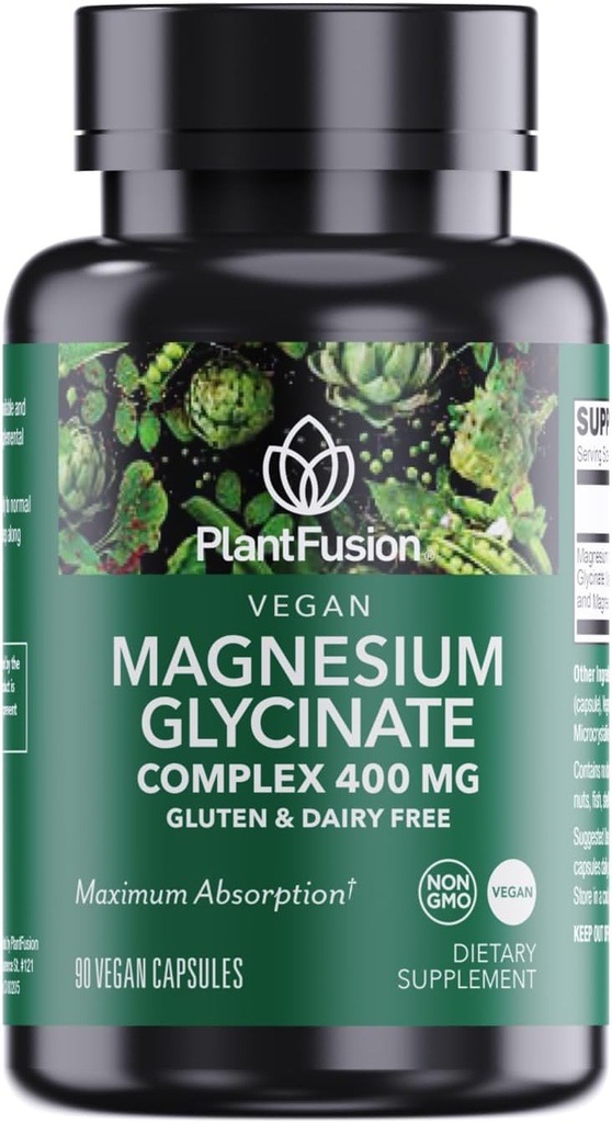 PlantFusion Vegan Magnesium Glycinate Complex 400 mg - Υψηλή Απορρόφηση & Βιοδιαθεσιμότητα - Χηλική - Υποστηρίζει τη Μυική Χαλάρωση, τον Ύπνο, την Καρδιο-Υγεία, την Αρωγή Στρες και την Παραγωγή Ενέργειας - Μη ΓΤΟ