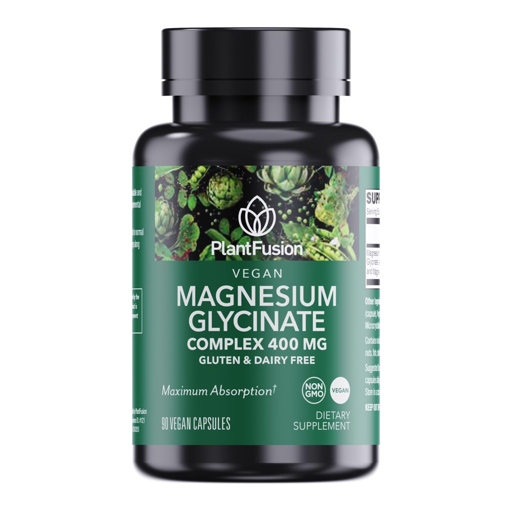 PlantFusion Vegan Magnesium Glycinate Complex 400 mg - Υψηλή Απορρόφηση & Βιοδιαθεσιμότητα - Χηλική - Υποστηρίζει τη Μυική Χαλάρωση, τον Ύπνο, την Καρδιο-Υγεία, την Αρωγή Στρες και την Παραγωγή Ενέργειας - Μη ΓΤΟ