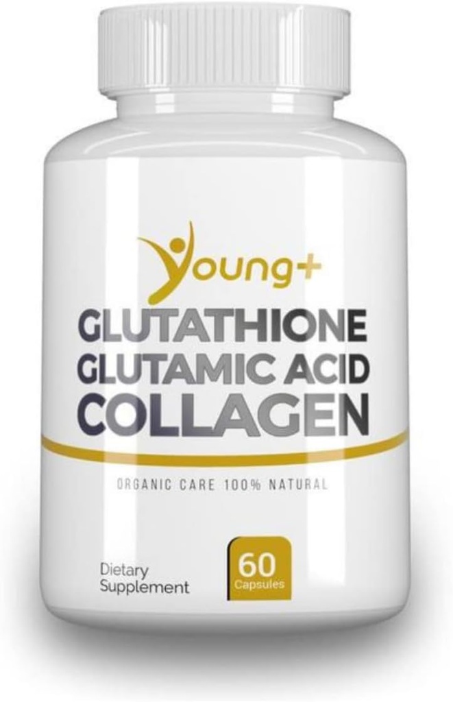 Young+ Glutathione, Glutamic Acid and Collagen. Antioxidant Supplement - 1000mg, 60 Capsules