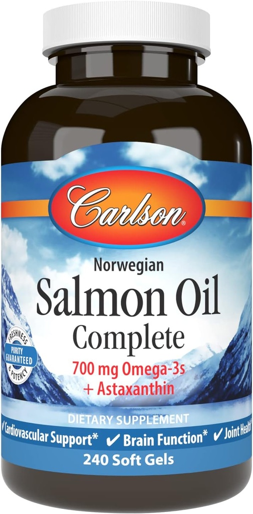 Carlson - έλαιο σολομού Complete, 700 mg Ωμέγα-3s + Ασταξανθίνη, Καρδιαγγειακή Υποστήριξη, Εγκεφαλική Λειτουργία & Κοινή Υγεία, Νορβηγικά, 240 Softgels