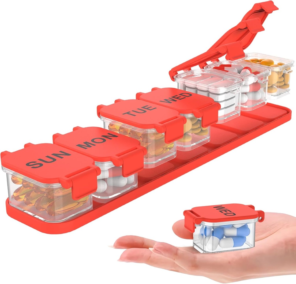 Extra Large Weekly Pill Organizer - Waterproof 7-Day Pill Box, Portable Vitamin & Supplement Case, Easy to Open Design, Ideal for Travel a nd Daily Medication Management (Red)