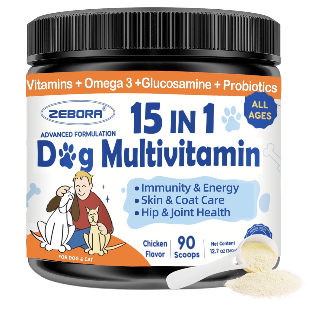 ZEBORA Dog Vitamins Powder - Multivitamin for Dogs & Cats - 90 Scoops | with Glucosamine, Probiotics & Omega 3, Dog Vitamins and Supplements for Immune Support, Skin and Coat