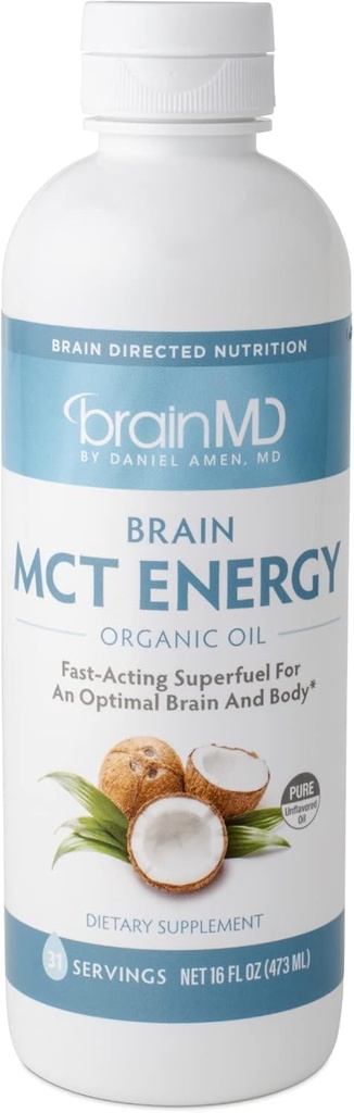 Dr Amen BrainMD Brain MCT Energy - 16 fl oz - Ενεργειακή Υποστήριξη για τον εγκέφαλο και το σώμα - Βελτιώνει την εστίαση & την κορεσμό - Καθαρή & γρήγορη δράση - Χωρίς γλουτένη - 31 Υπηρεσίες