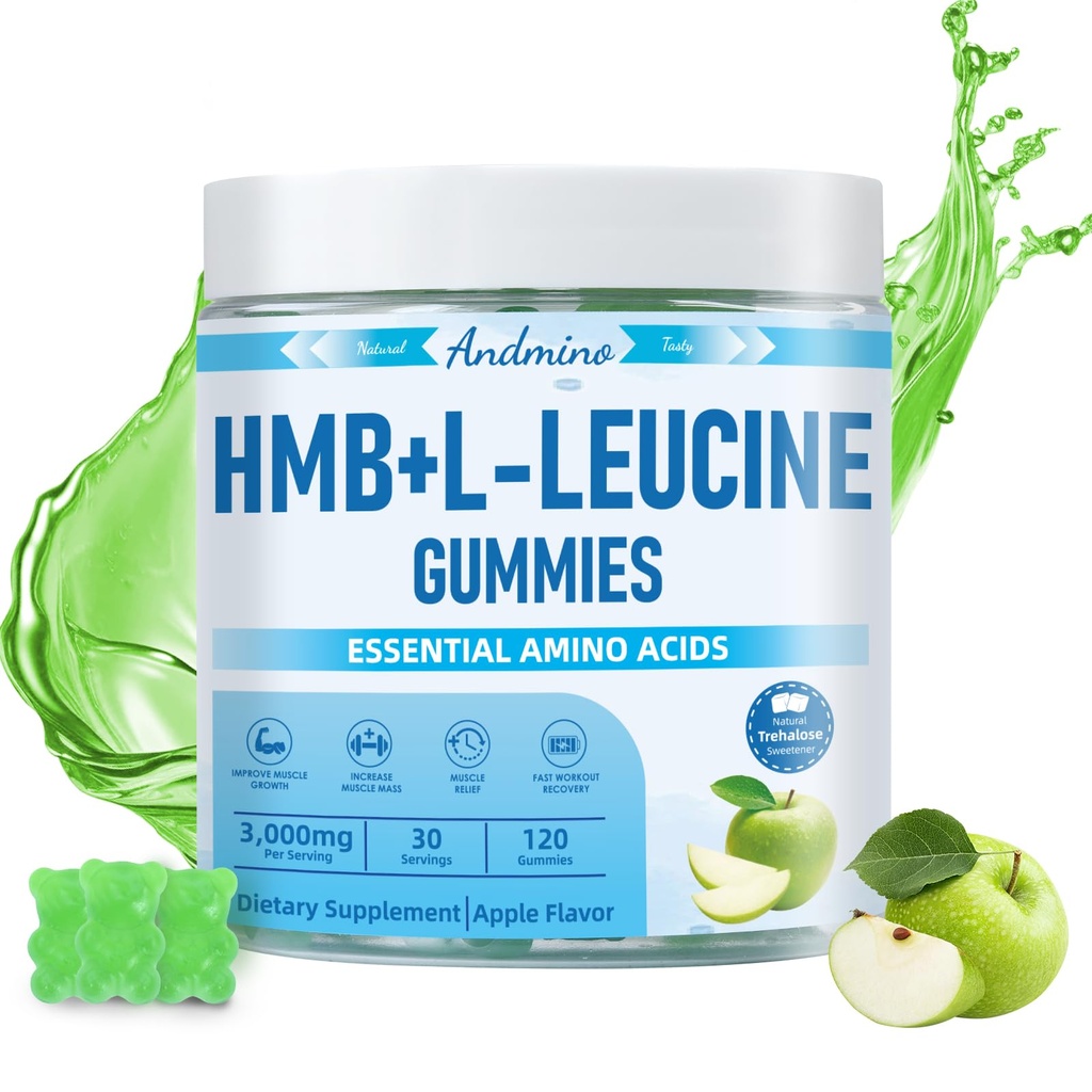 HMB και L-Leucine Gummies, 3000mg, με Trehalose, για την ανάπτυξη μυών, ανακούφιση μυών και την αποκατάσταση προπόνησης, για ενήλικες & Γηραιούς, μη ΓΤΟ, Vegan, Χωρίς γλουτένη, Apple Γεύση, 120