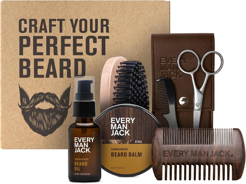 Every Man Jack Beard Grooming Kit for Men - Includes Sandalwood Beard Oil & Beard Balm, Beard Brush, Wooden Dual-sided Comb, Trimming Scissors and Mustache Comb