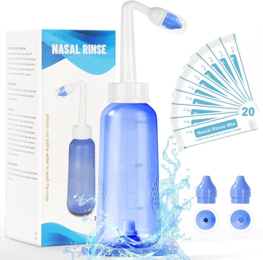 Neti Pot Sinus Ξεπλύνετε το μπουκάλι - Απαλό Nasινικό πλύσιμο μπουκάλι καθαρισμού μύτης για την αποτελεσματική πίεση Irrigatio 300 ML με 20 Nasινικό πλύσιμο αλατιού συσκευασίες