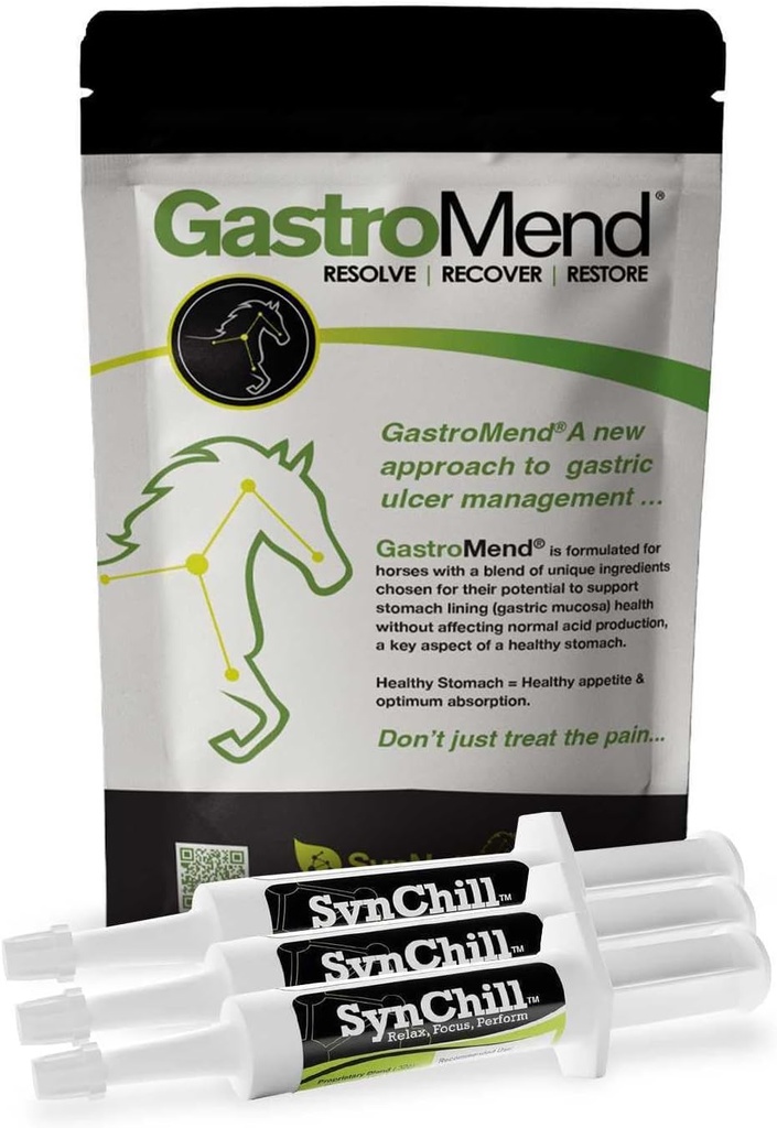 SynChill 3 Pack + GastroMend Bundle for Horses - Comprehensive Stomach Health & Behavioral Support, Aids in Gastric Ulcer Relief, Promotes Calmness & Focus, All Natural, Cost Effective