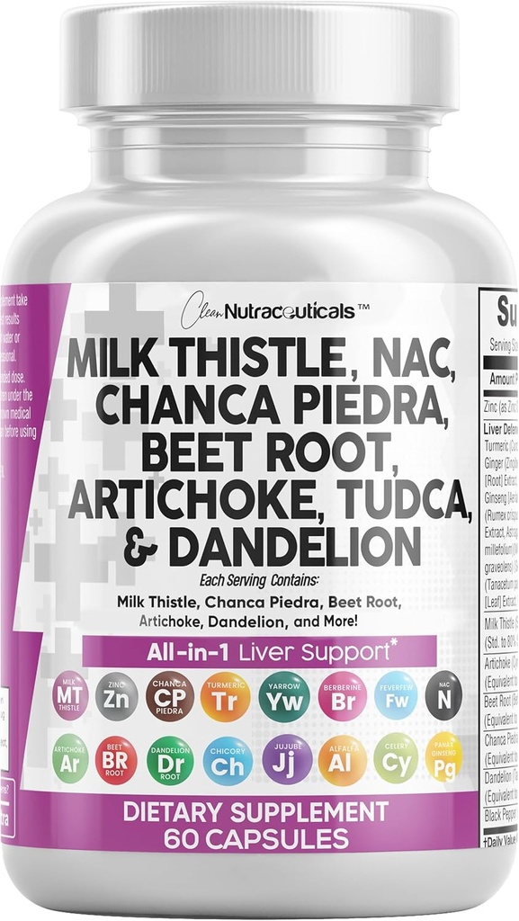 Clean Nutraceuticals Milk Thistle NAC Chanca Piedra Beet Root Artichoke Dandelion Root - Liver Cleanse Detox & Repair Supplement Plus TUDCA Choline & Ginger 60 Count