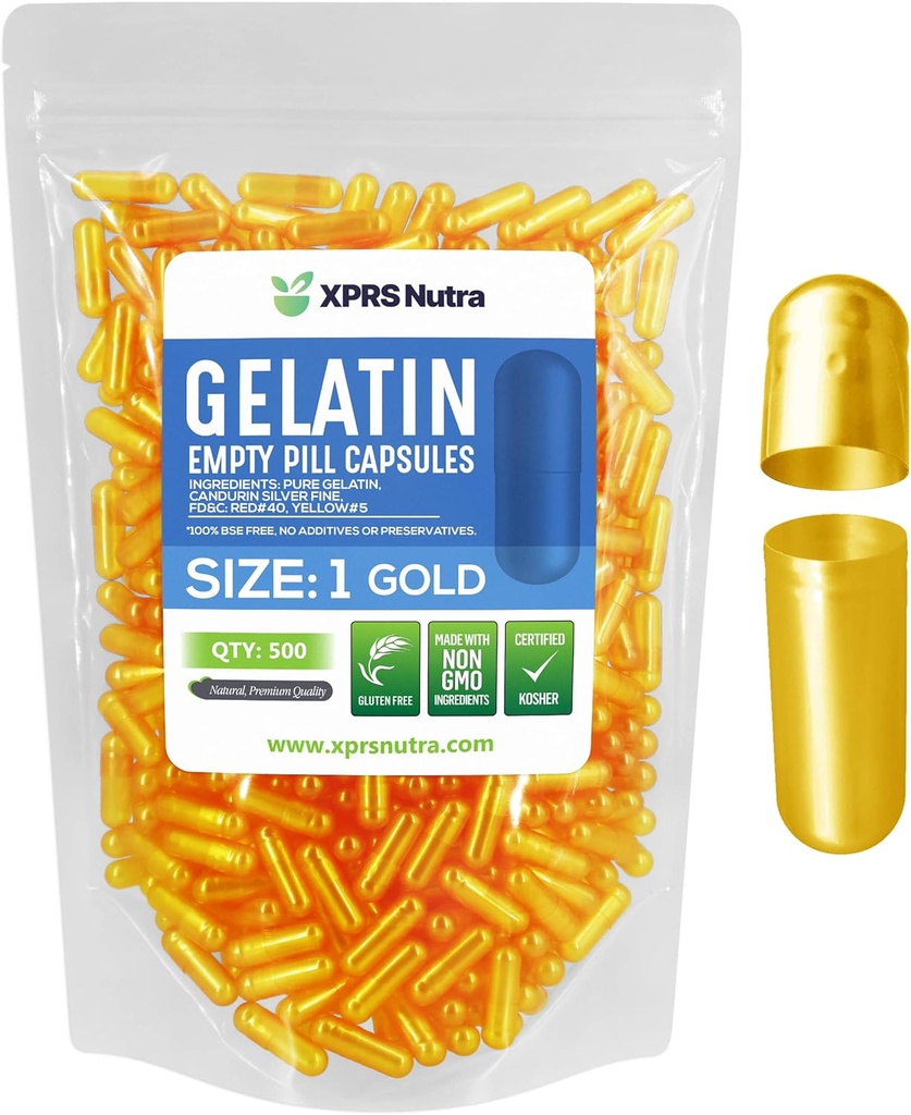 XPRS Nutra Μέγεθος 1 Κενές κάψουλες - 500 Count Empty Gelatin Κάψουλες - Χάπια DIY Καψάκιο Γέμισμα - Καθαρά Καπάκια τζελ για το Do-It-Yourself Συμπληρώματα (Χρυσό)