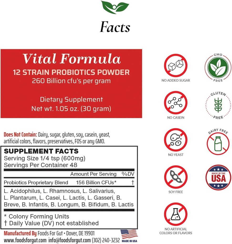 Foods For Gut Vital Formula 12 Strain Probiotics Powder 260 Billion CFU | Made in USA | Digestive & Immune Support | High Potency | 30 Grams (1.05 Oz)