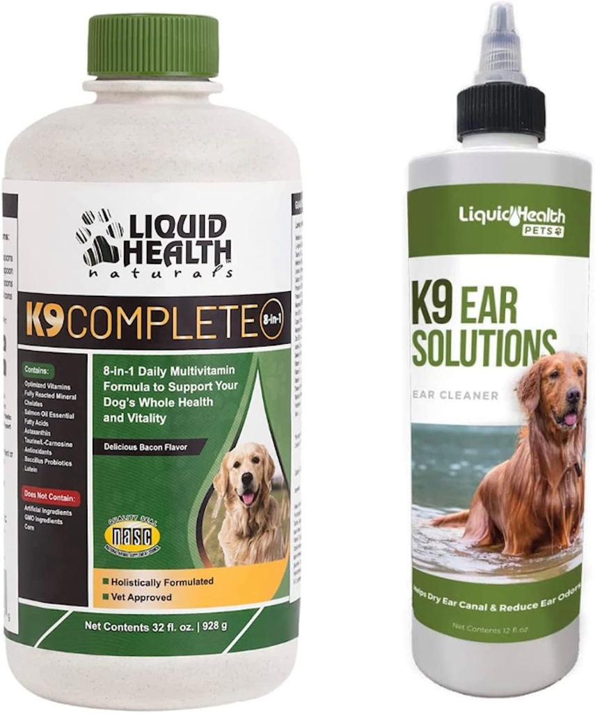 LIQUIDHEALTH Pets K9 Complete 8-in-1 Multivitamin for All Dogs & Puppies & K9 Ear Wash Solutions - Pet Health Supplement Bundle for Joint & Immune Support, Dog Ear Cleaning Treatment - Made in USA