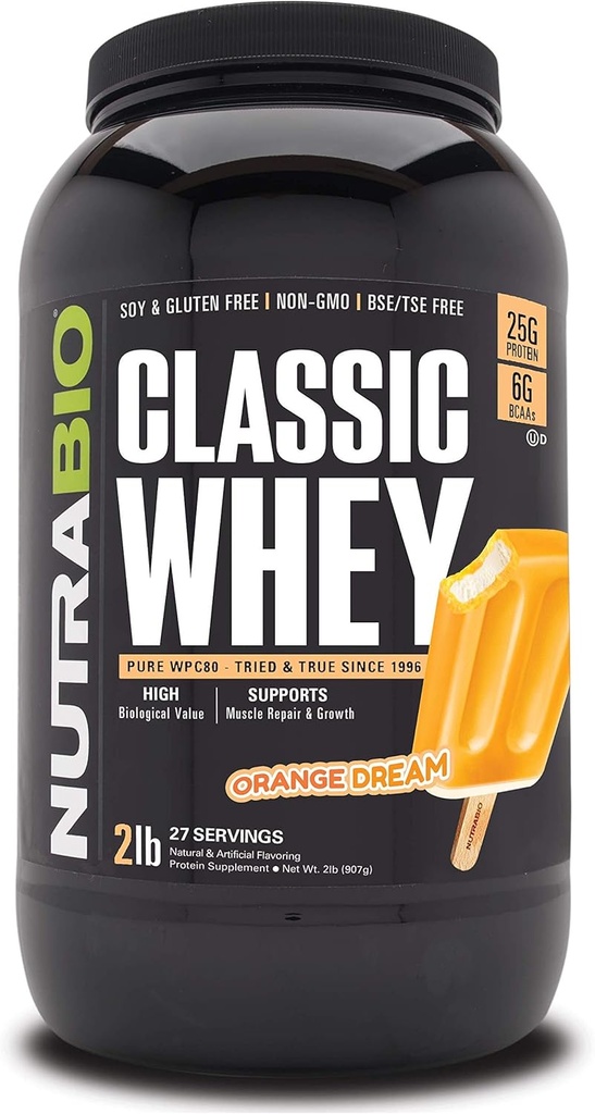 NutraBio Classic Whey Protein Powder - 25G πρωτεΐνης ανά Scoop - Full-Spectrum Amino Acid Profile - Χωρίς πληρωτικά, τεχνητά χρώματα, συντηρητικά - Orange Dream, 2 Λίρες
