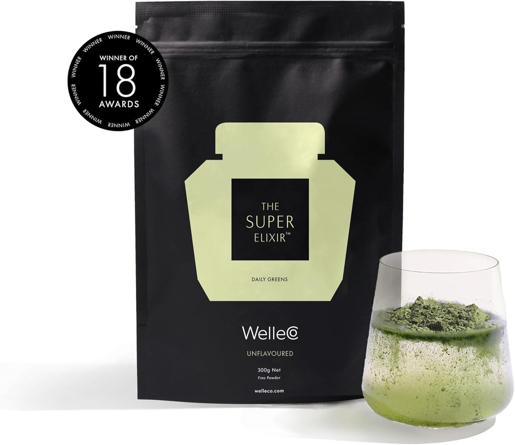 WelleCo The Super Elixir Daily Greens Powder, Probiotic Drink Mix with Whole Foods, Gluten Free, Vegan Gut Health Powder, Energy, Immunity, Healthy Skin, Hair & Nails (300g, Unflavored)