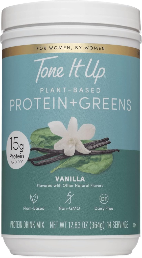 Tone It Up Plant Based Protein Powder + Πράσινα I Dairy Free, Kosher, Μη ΓΤΟ Πρωτεΐνη Σπέρματος Πίτας & κολοκύθας για τις γυναίκες I 14 Σερβίρει, 15g Πρωτεΐνης – Βανίλια
