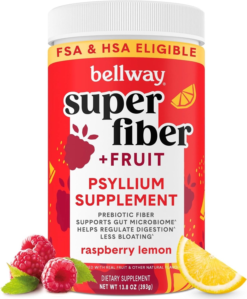 Bellway Super Fiber σκόνη + φρούτα, ζάχαρη χωρίς οργανικό Psyllium Husk σκόνη συμπλήρωμα Ίνες για την κανονικότητα, Bloating Relief & Digestive υγεία, φυτικής βάσης, σμέουρο λεμόνι (50 εξυπηρετούν)