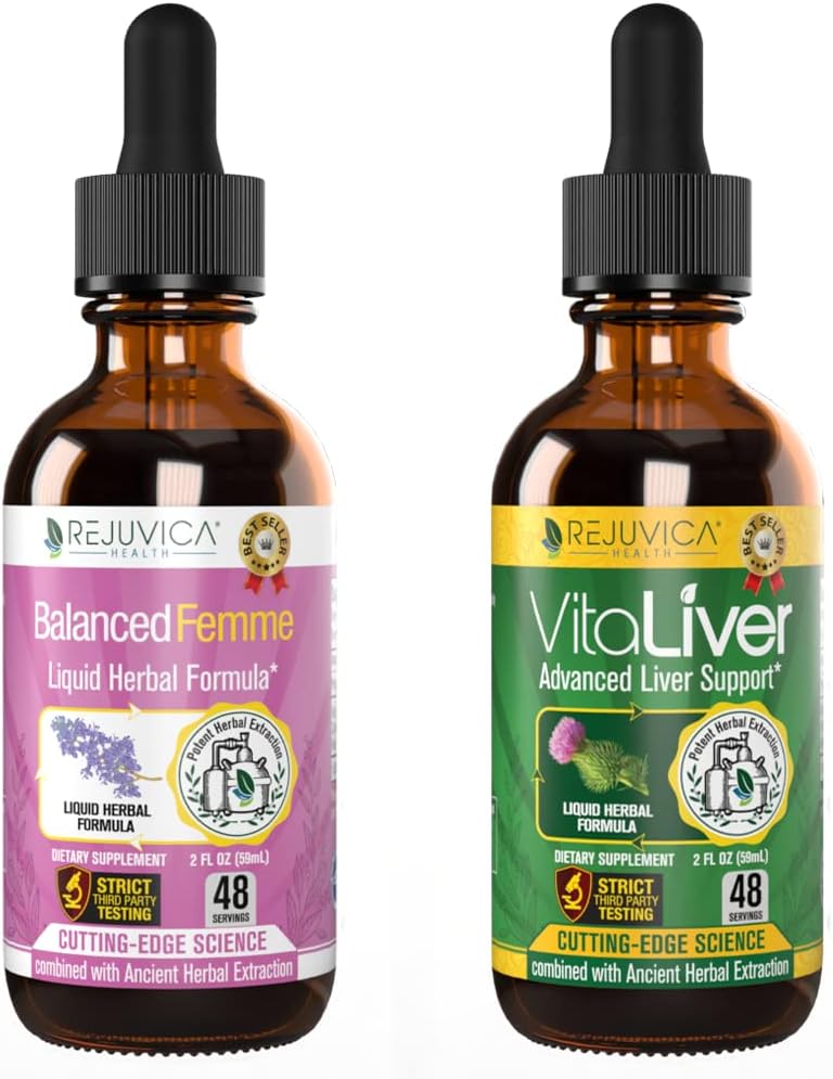 Rejuvica Health Balanced Femme + VitaLiver - Υποστήριξη Γυναικεία Ισορροπία + Υποστήριξη ήπατος- Υγρή Παράδοση για Καλύτερη Απορρόφηση - Γάλα Thistle, Dong Quai, Artichoke, Maca, Dandelion & More!