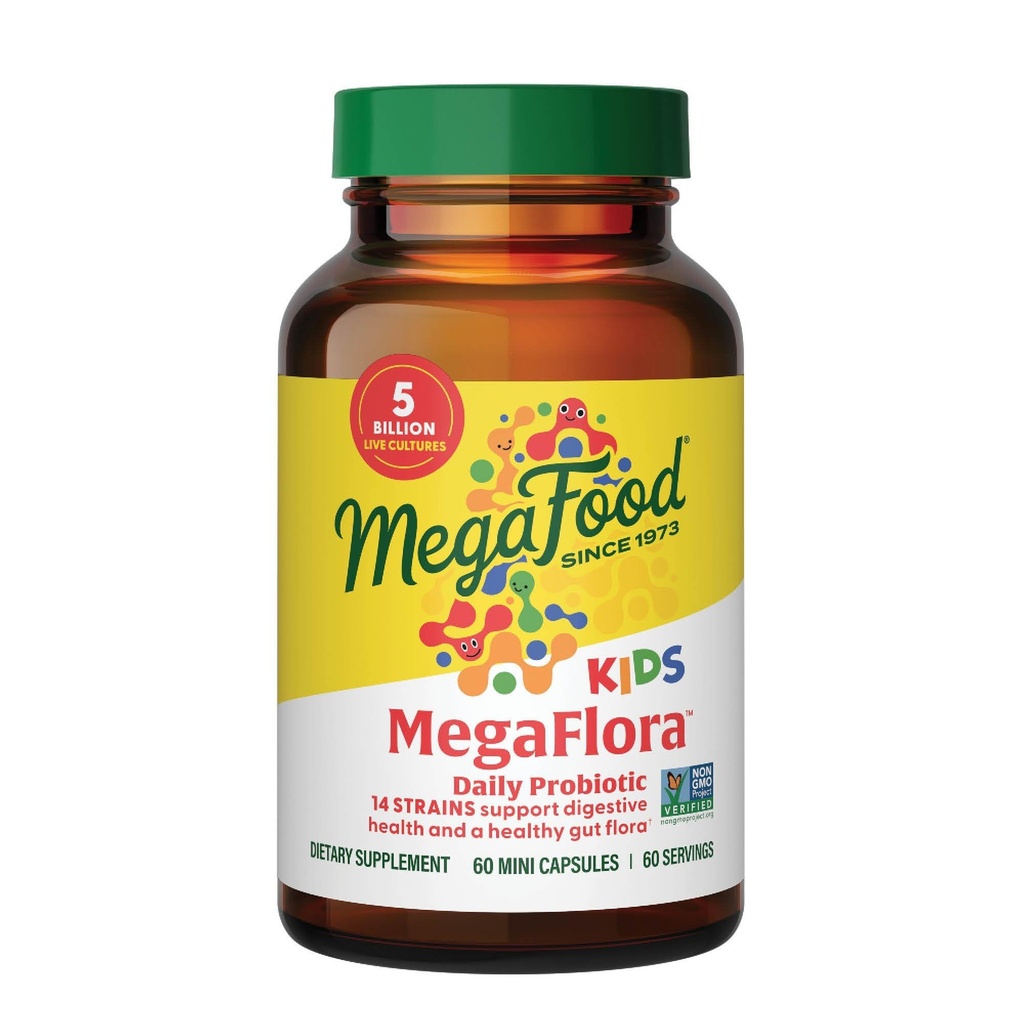 MegaFlora Παιδικά προβιοτικά - 5 δισεκατομμύρια CFUs - Μη ΓΤΟ, χορτοφάγοι, Made Without 9 Food αλλεργιογόνα, Probiotics for Digestive Health- 60 Mini Capsles (60 Services)