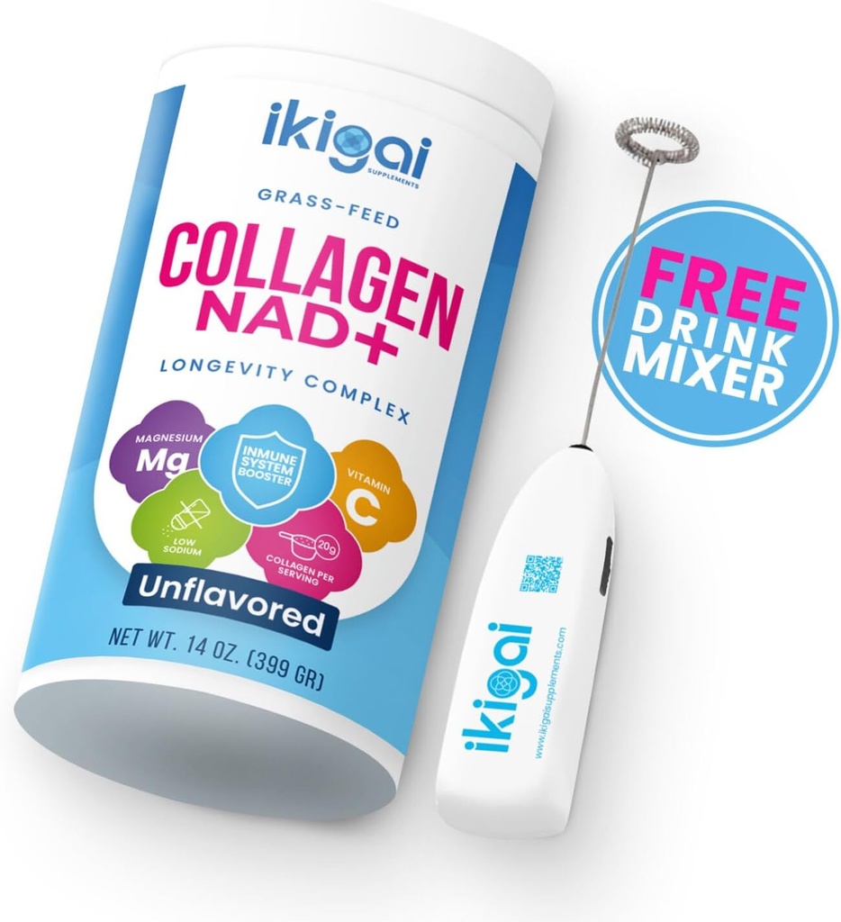 Ikigai Collagen με NAD+ (30 μερίδες) - Μη ΓΤΟ, Χωρίς γλουτένη, Παλαιό, Κόσερ - Χωρίς άρωμα, Περιλαμβάνει δωρεάν αναμείκτη ποτών