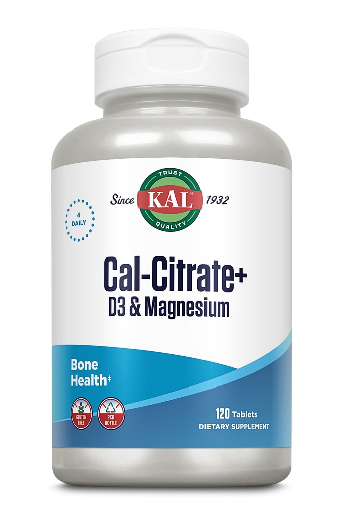 KAL Cal-Citrate+, Κιτρικό Ασβέστιο Plus Βιταμίνη D-3 και 500 mg Μαγνήσιο, Υγιή Οστά και Δόντια Υποστήριξη, Χωρίς Γλουτένη και Εργαστήριο Επαληθευμένο για Ποιότητα, 30 Σερβιέτες, 120 Δισκία