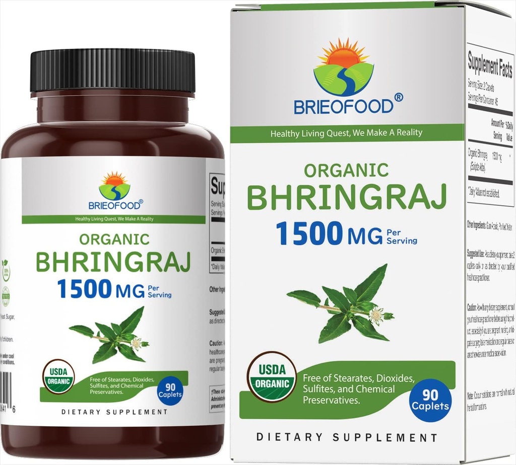 Brieofood Organic Bhringraj 1500mg, 45 μερίδες, χορτοφαγικά, χωρίς γλουτένη, 90 χορτοφαγικά δισκία
