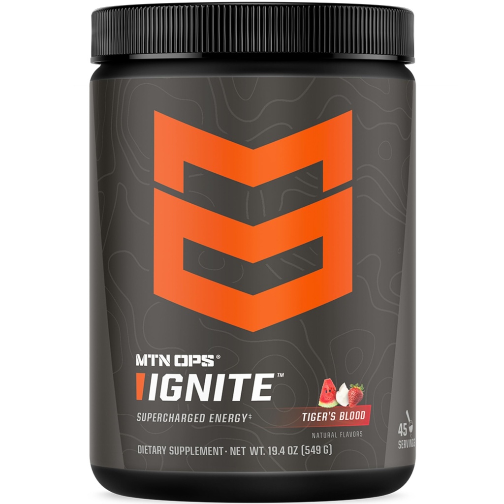 MTN OPS Ignite Sugar Free Energy Drink Powder with 200mg Caffeine, Nootropic Blend for Energy, Focus & Endurance, L Arginine & L Citrulline Pre Workout, 45 Servings, Tiger's Blood