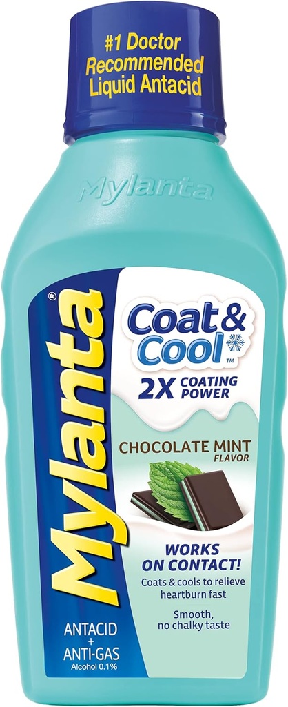 Mylanta Heartburn and Gas Relief, Liquid Antacid, Coat & Cool Formula, Mint Chocolate Flavor, 12 Fl Oz