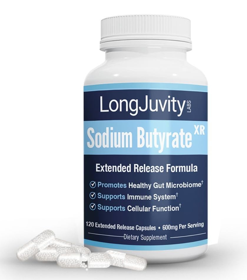 LongJuvity Butyrate Sodium Supplement (300mg) - Φυσικώς πηγασμένη Postbiotic - Βέλτιστη Υγεία & Επιδιόρθωση Ανθεκτικών Όπλων - Μεταβιοτική Μικρή Αλυσίδα Λιπαρά Οξέα, Εργαστηριακό Δοκιμασμένο (120 Εκτεταμένα Καπάκια Απελευθέρωσης)