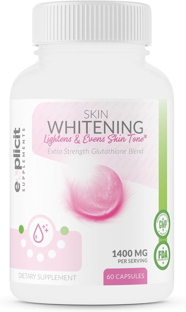 eXplicit Supplements Skin Whitening Supplement, Glutathione 1000mg, Clears and Evens Skin Tones, Helps Clear Up Dark Spots and Acne Scars - 60 Capsules