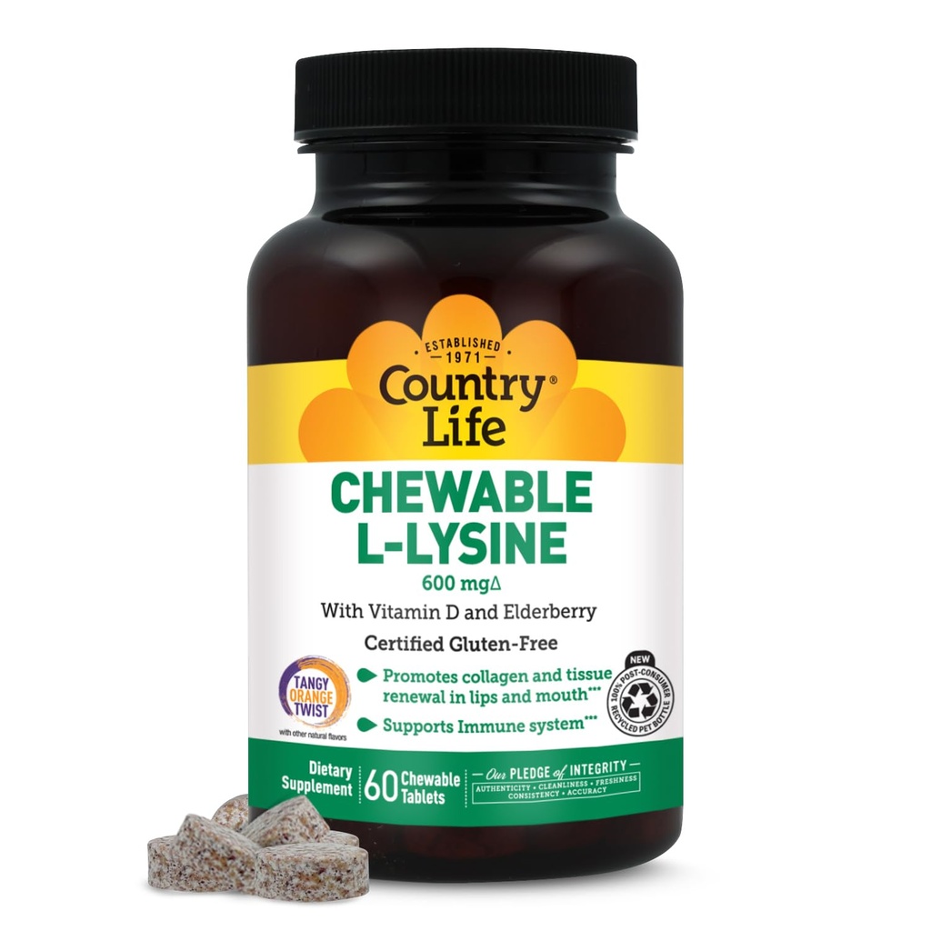 Country Life Chewable L-Lysine συμπλήρωμα με βιταμίνη D και Elderberry, ανοσοποιητική υποστήριξη και ανανέωση κολλαγόνου για ιστό του δέρματος, Ιδανικό για ενήλικες