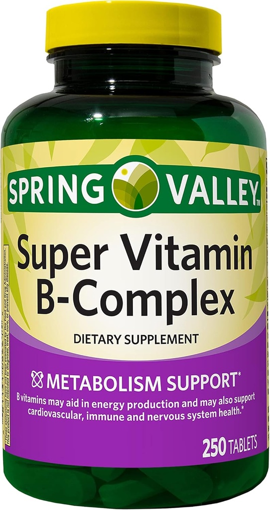 Augu Spring Valley Super Vitamin B-Complex, Υποστήριξη Μεταβολισμού, Δισκία Συμπλήρωμα διατροφής, 250 Count