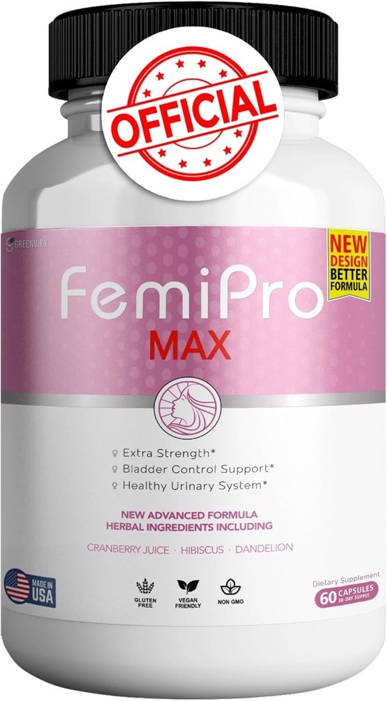 FemiPro MAX Women's Urinary Support Supplement, 60 Capsules, Extra Strength Bladder Control with Cranberry, Hibiscus, Dandelion, Vegan, Gluten Free (1)