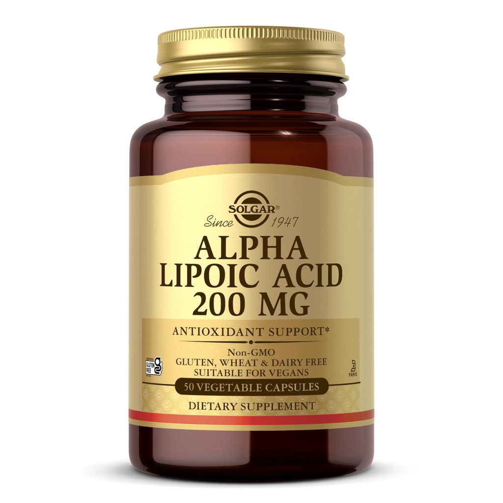 Solgar Alpha Lipoic Acid 200 mg, 50 κάψουλες λαχανικών - Αντιοξειδωτική υποστήριξη - Βοηθά στην ανακύκλωση Γλουταθειόνης, Βιταμίνης C & E, CoQ-10 - Μη ΓΤΟ, Vegan, Χωρίς γλουτένη, Χωρίς γαλακτοκομικά, Kosher - 50 Σερβιέτες