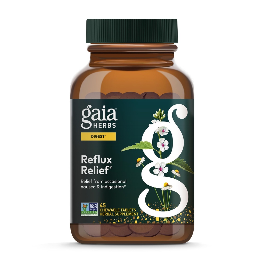 Gaia Herbs Reflux Relief - Digestive Comfort Support Supplement - Aloe Vera, Marshmallow Root, Chamomile, Licorice - Helps with Occasional Heartburn & Indigestion* - 45 Chewable Tablets (45 Servings)