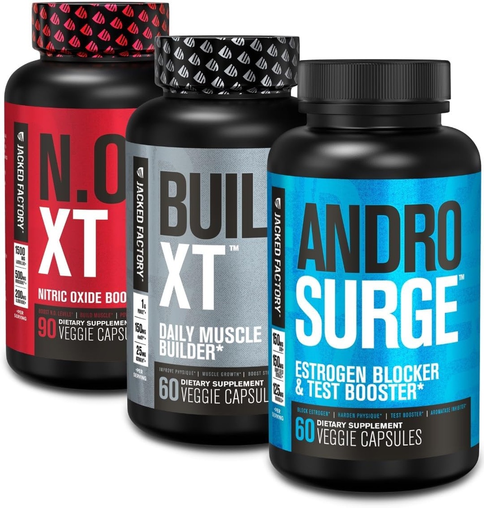 Jacked Factory N.O. XT Συμπλήρωμα οξειδίου του αζώτου, Build-XT Μυς Builder, & Androsurge Αποκλειστής οιστρογόνων για άνδρες