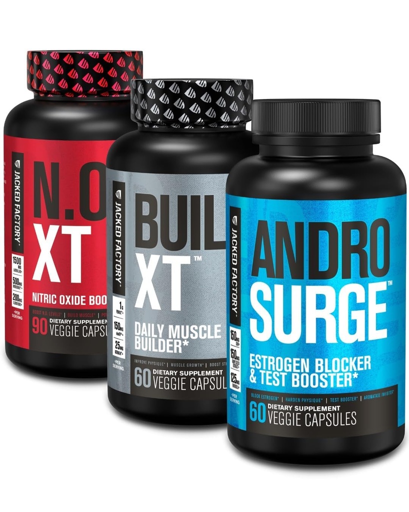 Jacked Factory N.O. XT Συμπλήρωμα οξειδίου του αζώτου, Build-XT Μυς Builder, & Androsurge Αποκλειστής οιστρογόνων για άνδρες