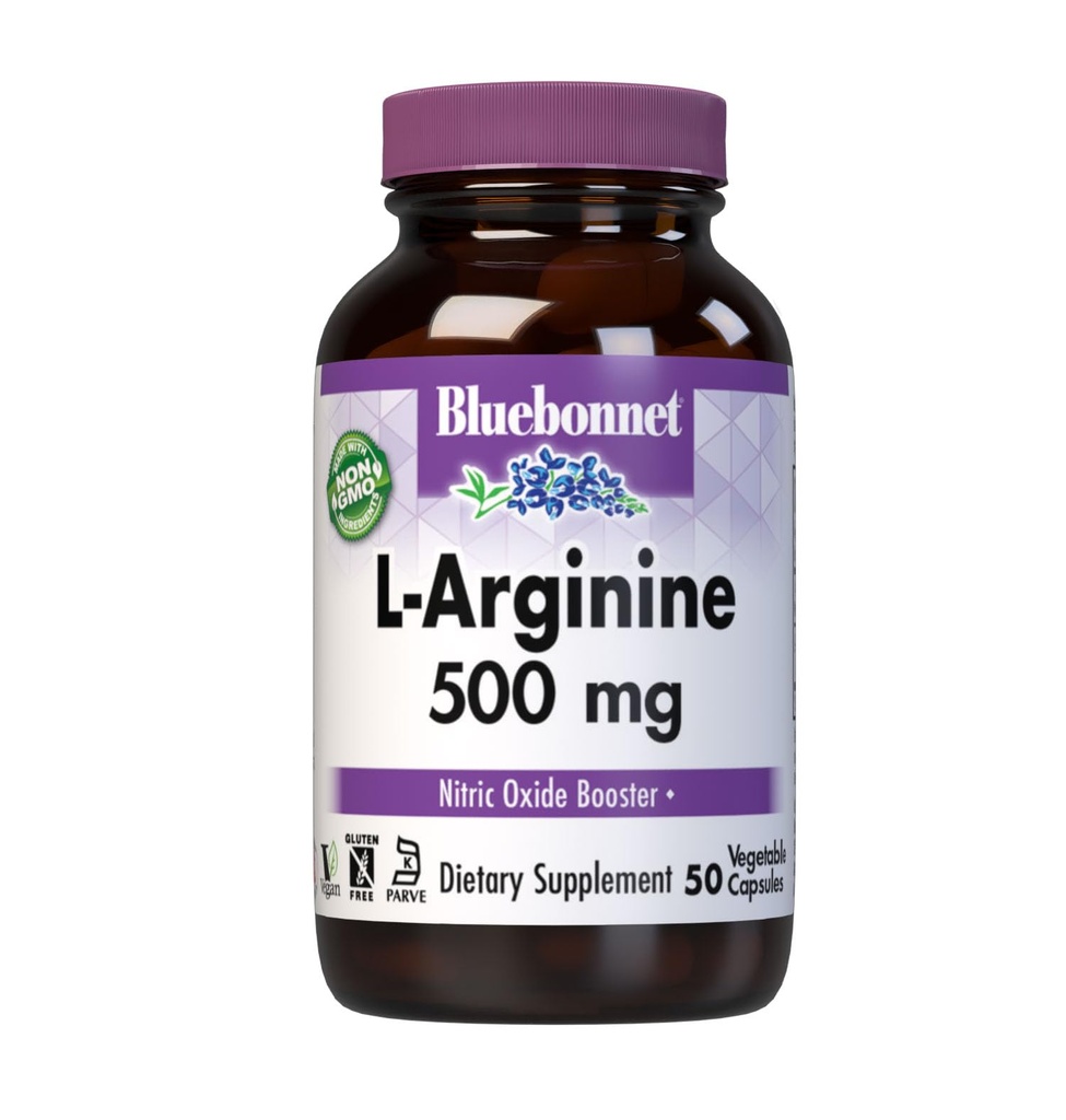Bluebonnet Nutrition L-αργινίνη 500mg, Free-Form Amino Acid, Nitric Oxide Precursor, Soy-free, Gluten-free, μη-GMO, Kosher Certified, 50 κάψουλες λαχανικών, 50 εξυπηρετούν