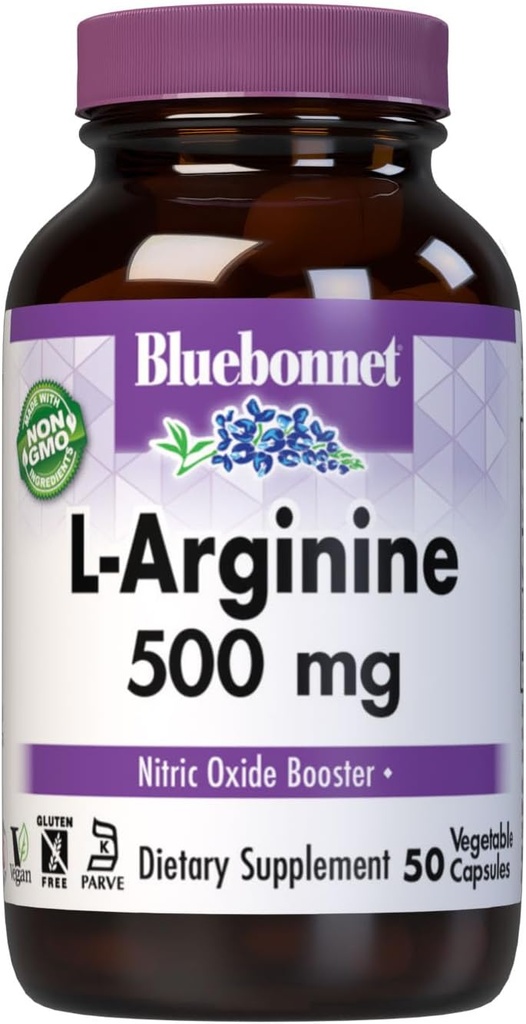 Bluebonnet Nutrition L-αργινίνη 500mg, Free-Form Amino Acid, Nitric Oxide Precursor, Soy-free, Gluten-free, μη-GMO, Kosher Certified, 50 κάψουλες λαχανικών, 50 εξυπηρετούν