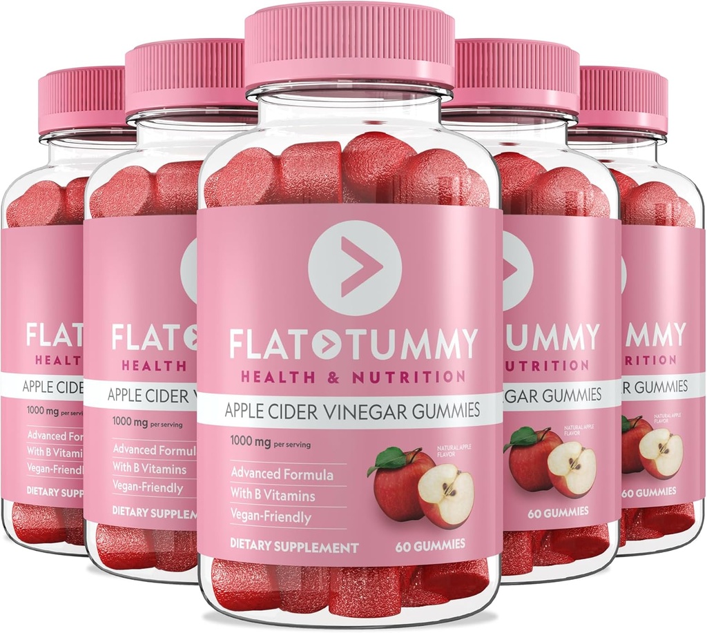 Flat Tummy Apple Cider Vinegar Gummys, 60 Count (5 Pack) – ACV Gummies, Detox, Υποστήριξη Gut Health – Vegan-Friendly, Non-GMO - τεύτλα και Ρόδι Superfood Σκόνες, Βιταμίνες B6, B9 & B12